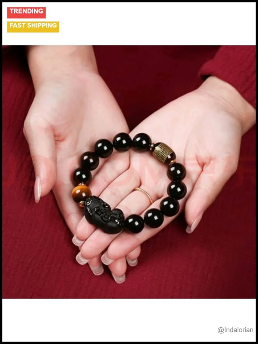 Black Obsidian Healing Crystal Bracelet with Pixiu and Tiger Eye Beads for